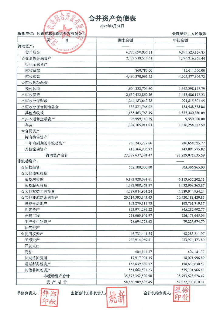 河南省农业综合开发有限公司2023年一季度财务报表