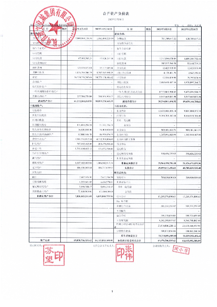 杭州良渚文化城集团有限公司2023年一季度合并及母公司财务报表