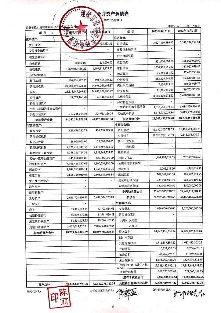 建德市国有资产经营有限公司2023年一季度财务报表