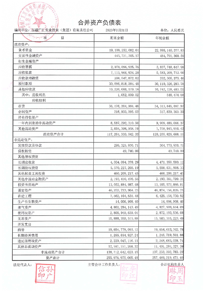 新疆广汇实业投资(集团)有限责任公司2023年第一季度财务报表