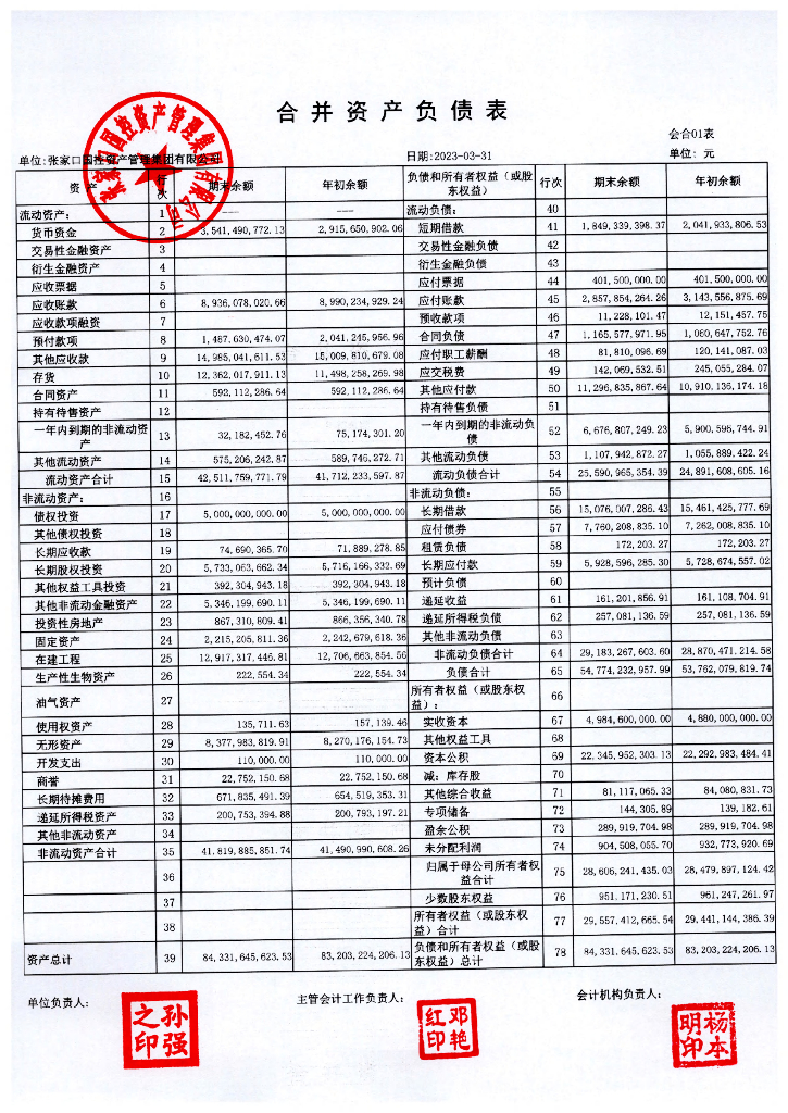 张家口国控资产管理集团有限公司2023年一季度财务报告