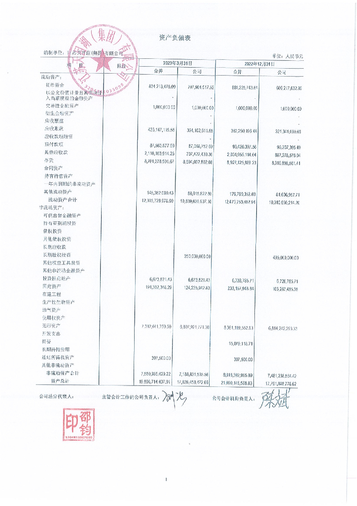 江苏天目湖(集团)有限公司2023年第一季度财务报表