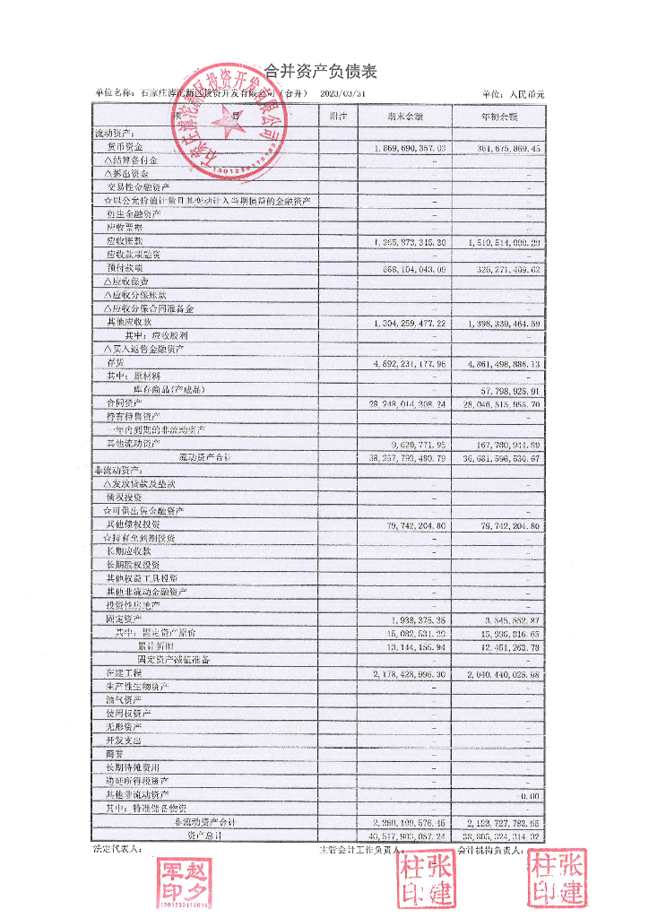 石家庄滹沱新区投资开发有限公司2023年第一季度财务报表