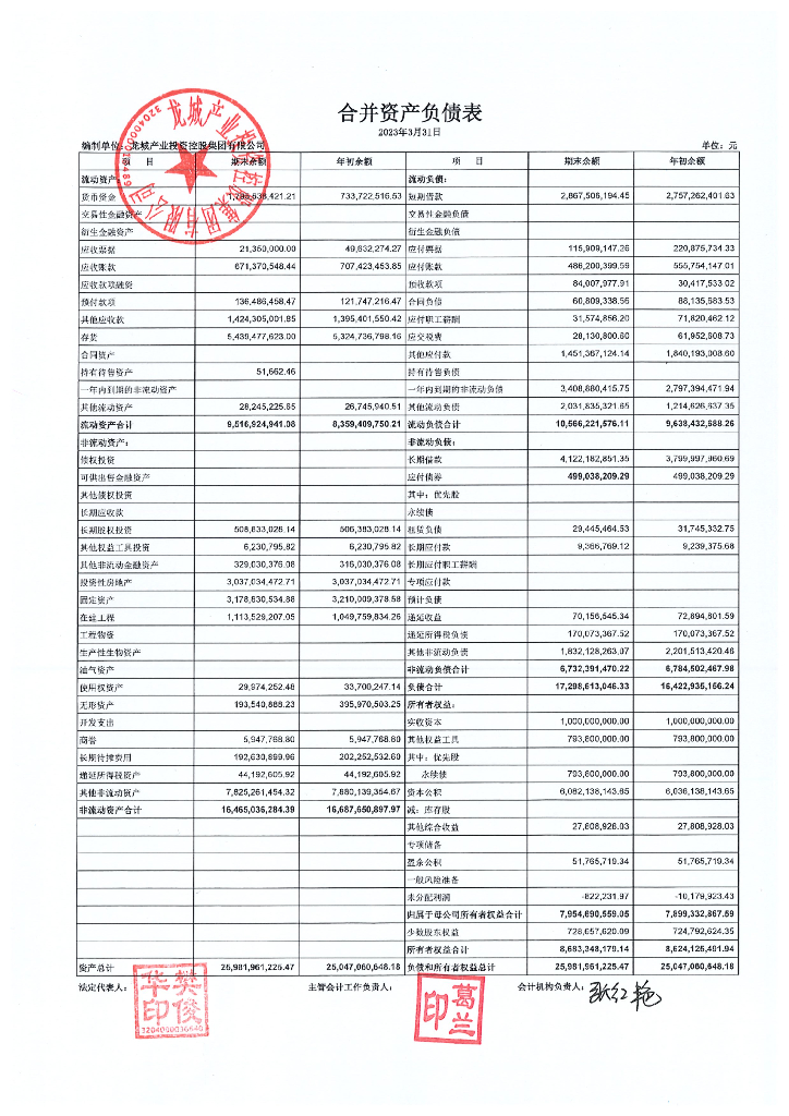 龙城产业投资控股集团有限公司2023年第一季度财务报表