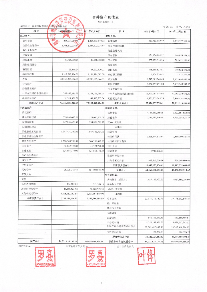 柳州市城市投资建设发展有限公司2023年一季度合并及母公司财务报表