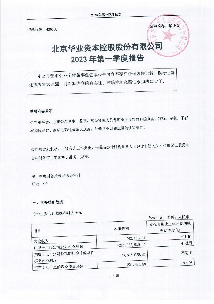 北京华业资本控股股份有限公司2023年第一季度报告
