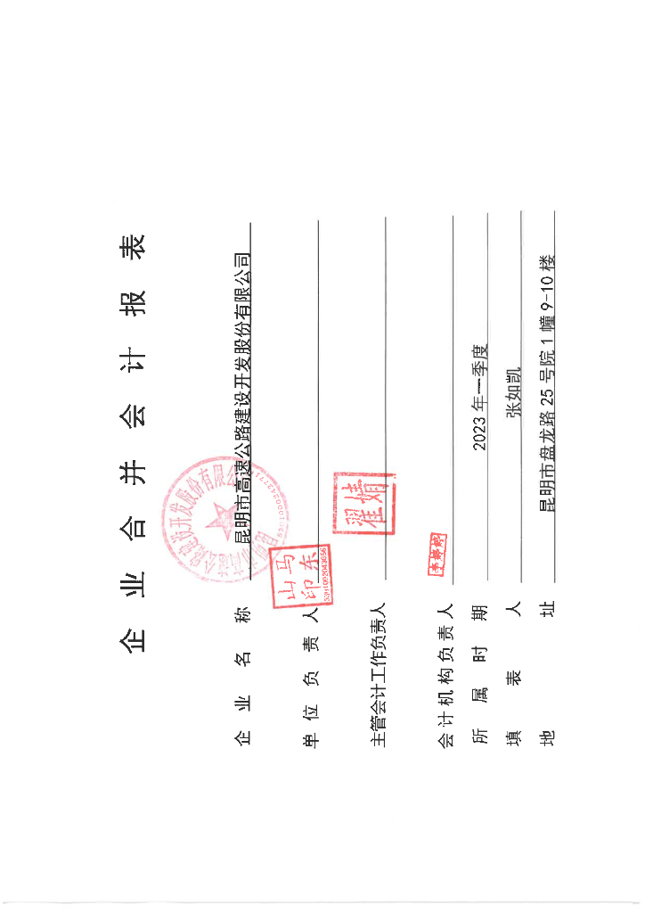 昆明市高速公路建设开发股份有限公司2023年一季度合并及母公司财务报表