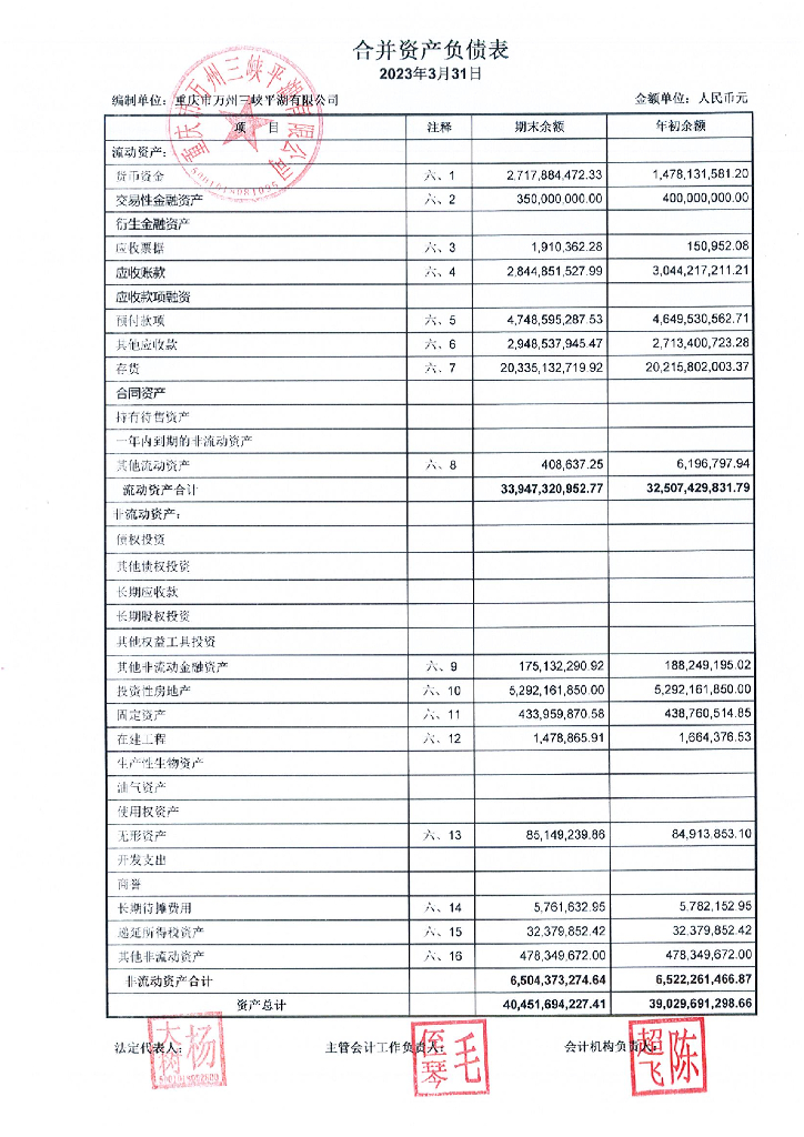 重庆市万州三峡平湖有限公司2023年一季度合并及母公司财务报表