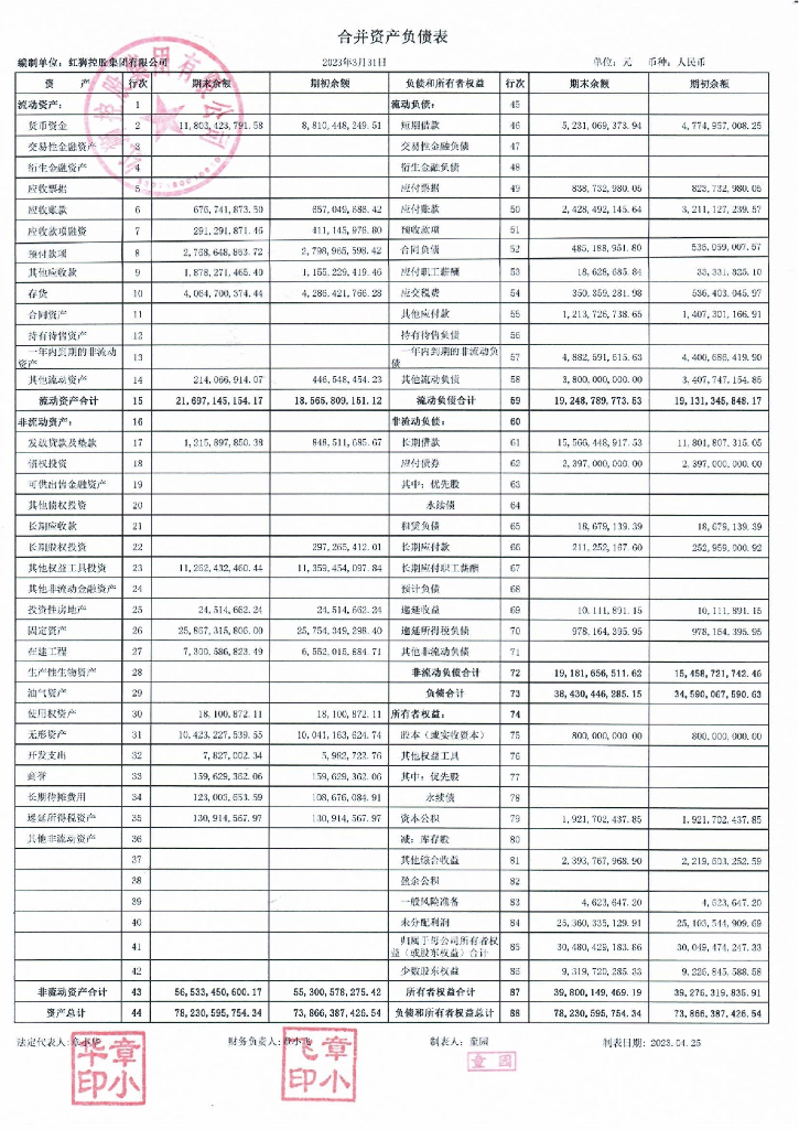 红狮控股集团有限公司2023年一季度财务报表