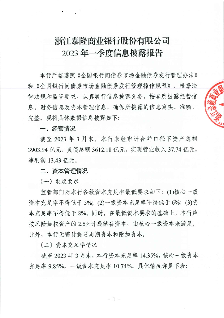 浙江泰隆商业银行股份有限公司2023年一季度信息披露报告