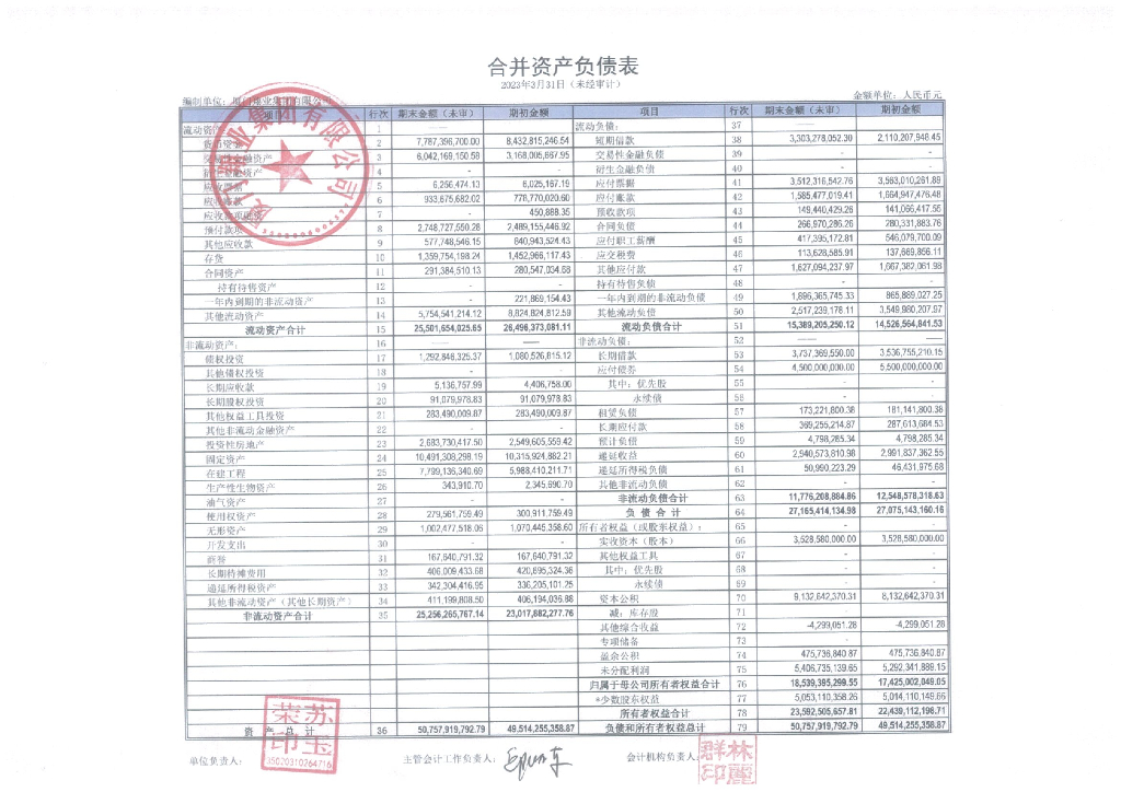 厦门翔业集团有限公司2023年一季度财务报表