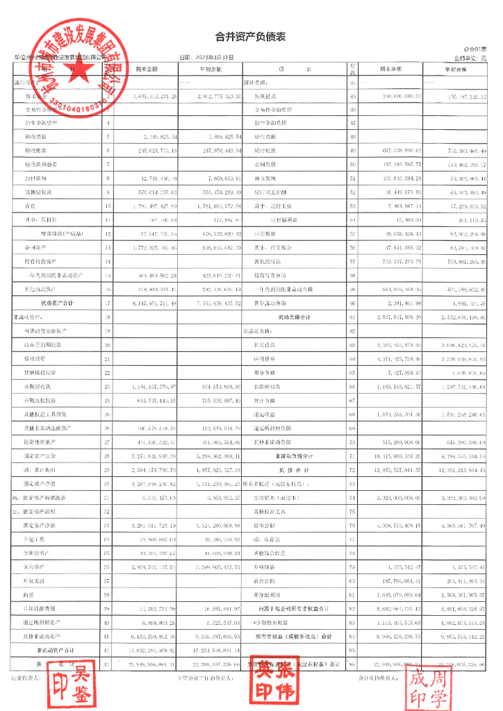 杭州市城市建设发展集团有限公司2023年一季度财务报表