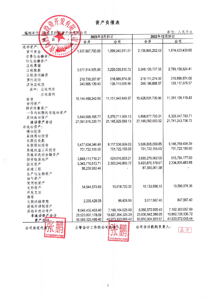 青岛昌阳投资开发有限公司2023年一季度财务报表