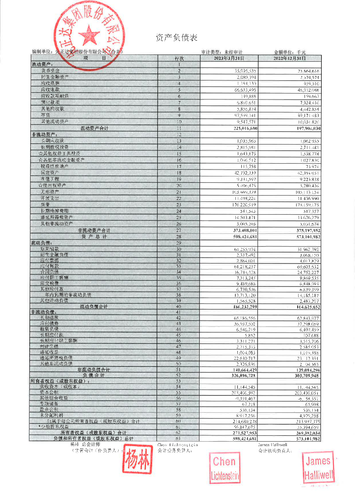 先正达集团股份有限公司2023年一季度财务报表