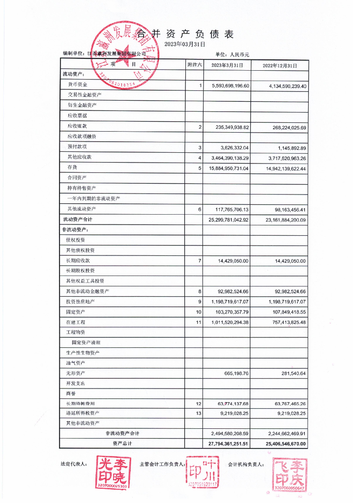 江苏瀛洲发展集团有限公司2023年一季度财务报表