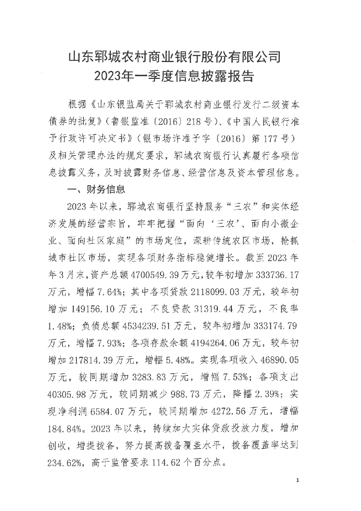 山东郓城农村商业银行股份有限公司2023年一季度信息披露报告