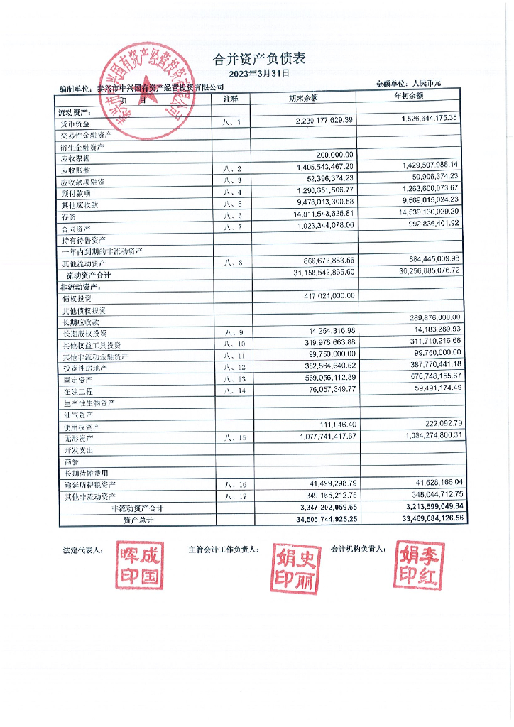 泰兴市中兴国有资产经营投资有限公司2023年一季度合并及母公司财务报表