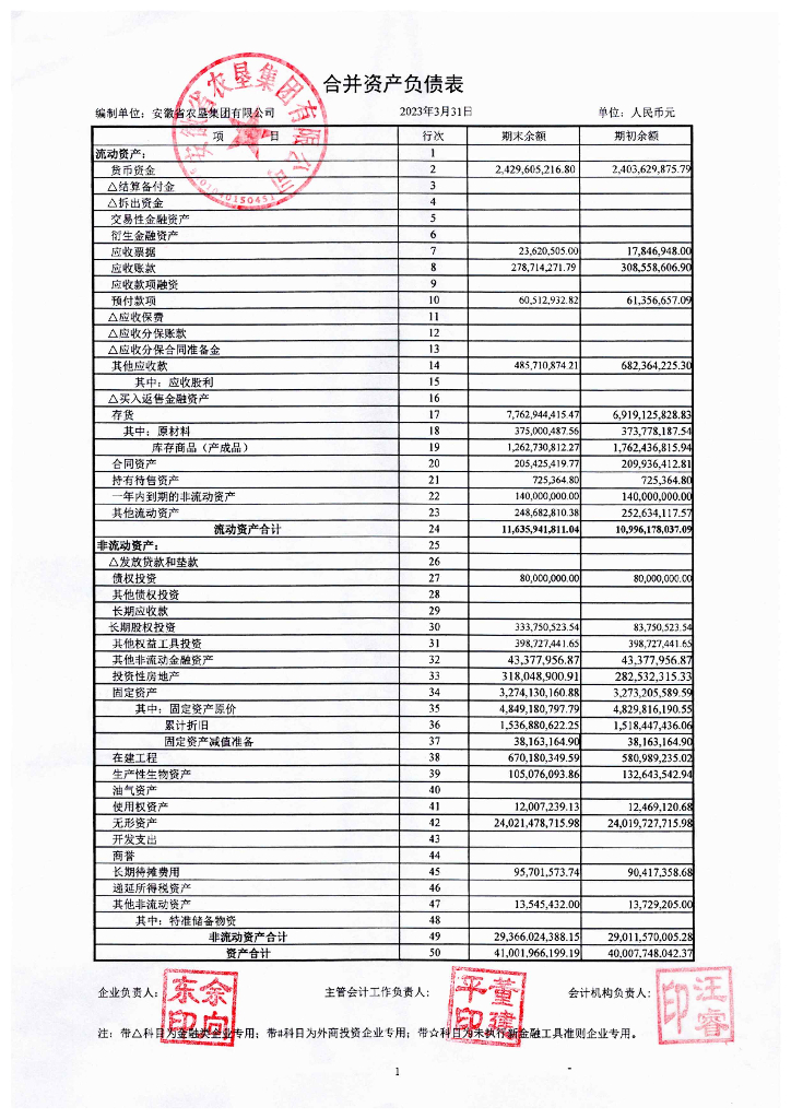安徽省农垦集团有限公司2023年一季度财务报表