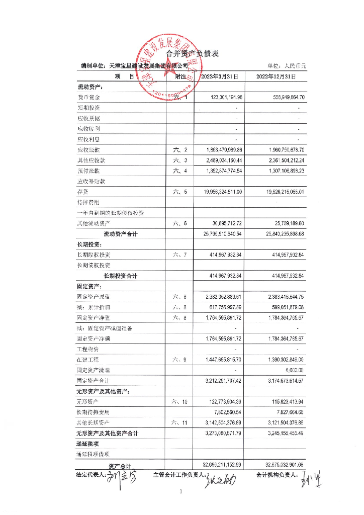 天津宝星建设发展集团有限公司2023年一季度财务报表