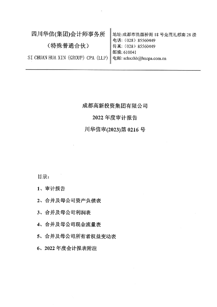 成都高新投资集团有限公司2022年度审计报告