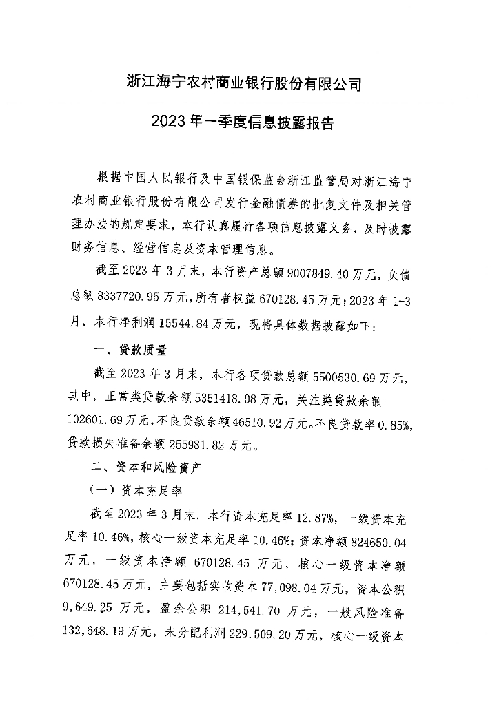 浙江海宁农村商业银行股份有限公司2023年一季度信息披露报告