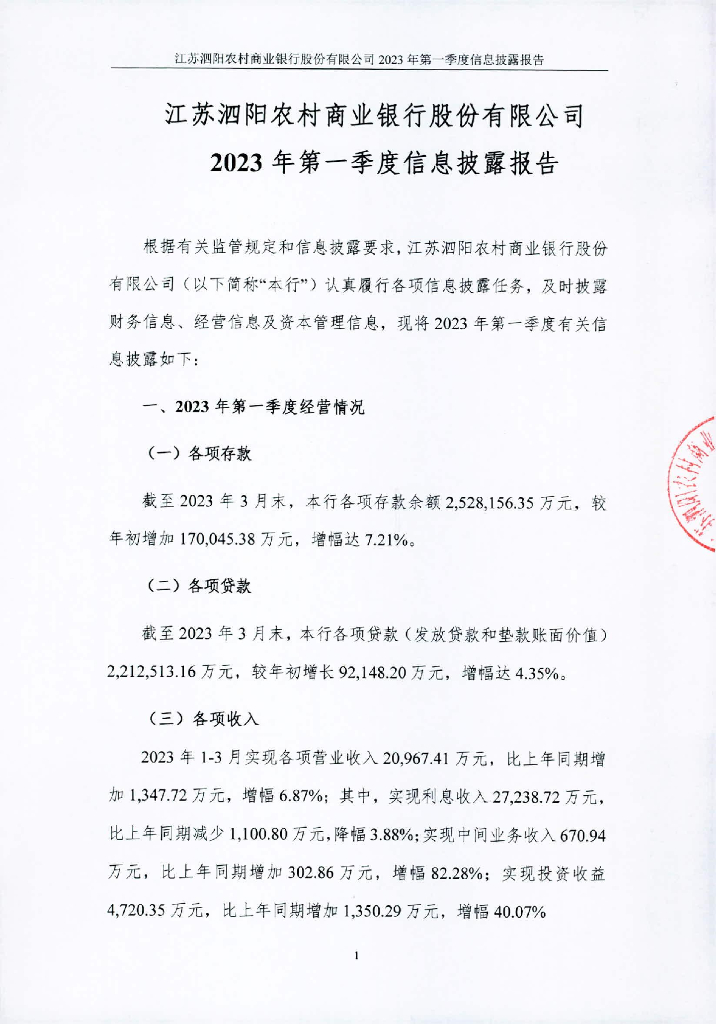 江苏泗阳农村商业银行股份有限公司2023年第一季度信息披露报告