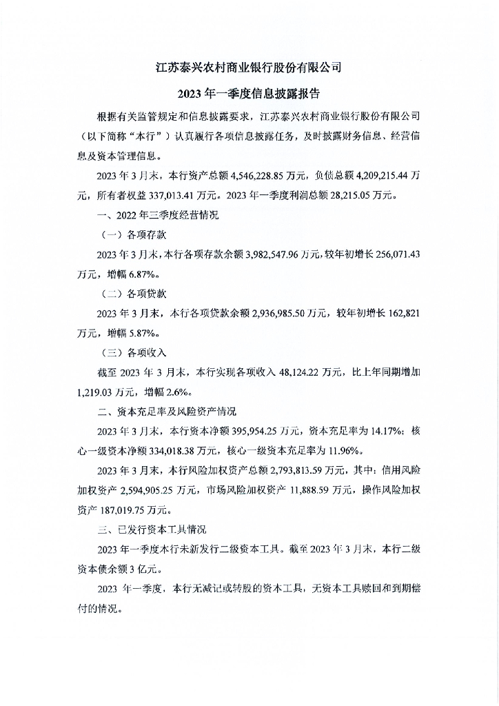 江苏泰兴农村商业银行股份有限公司2023年一季度信息披露报告