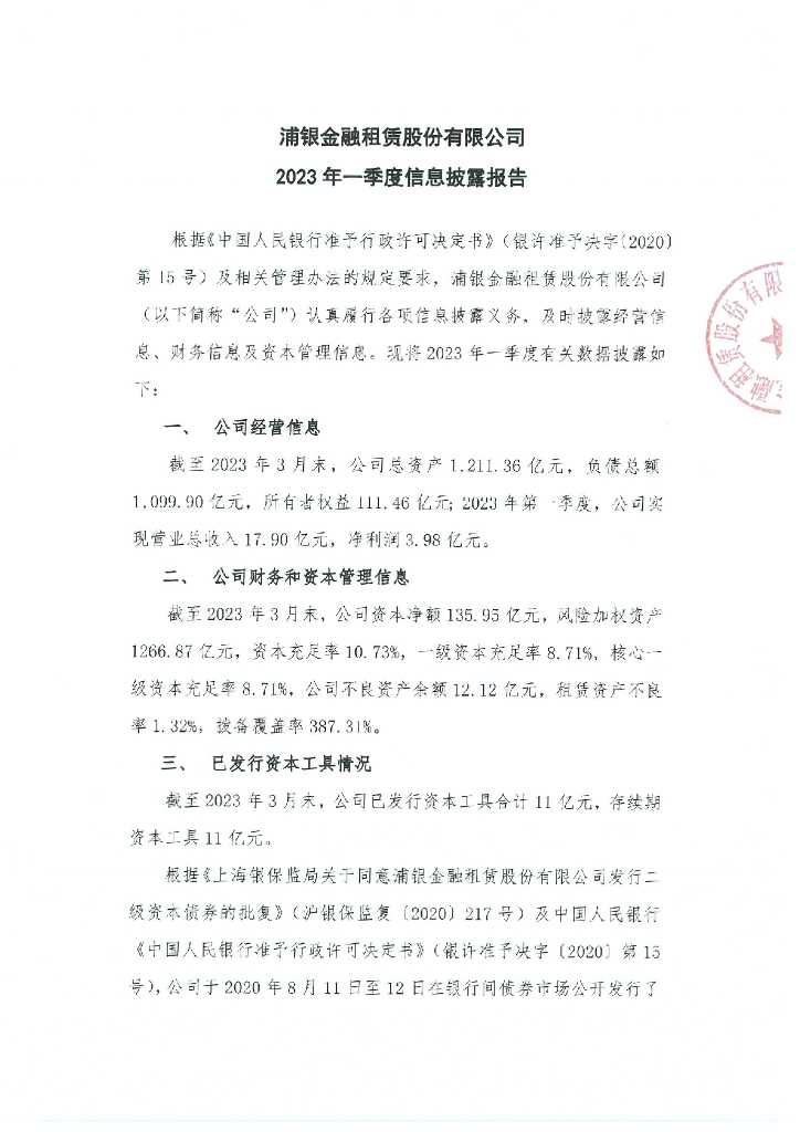 浦银金融租赁股份有限公司2023年一季度信息披露报告