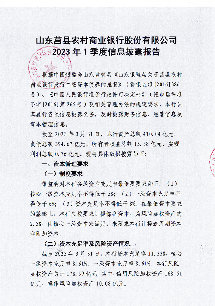 山东莒县农村商业银行股份有限公司2023年一季度信息披露报告