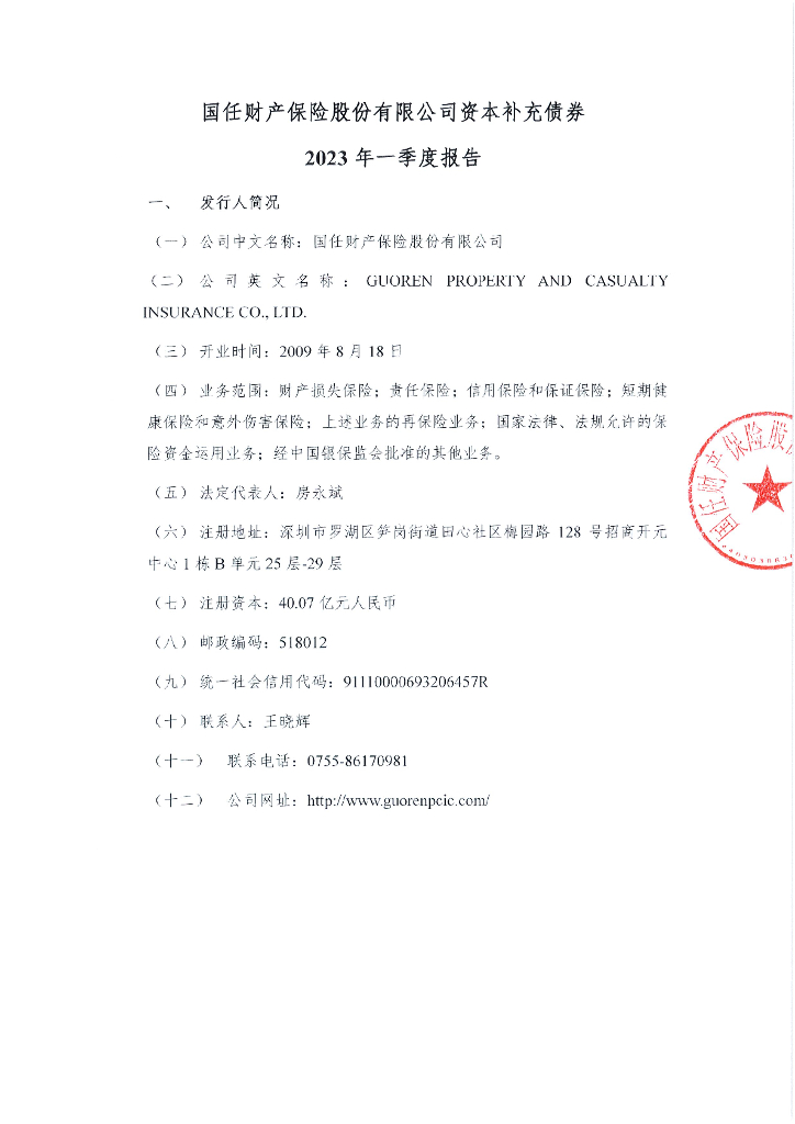 国任财产保险股份有限公司资本补充债券2023年一季度报告