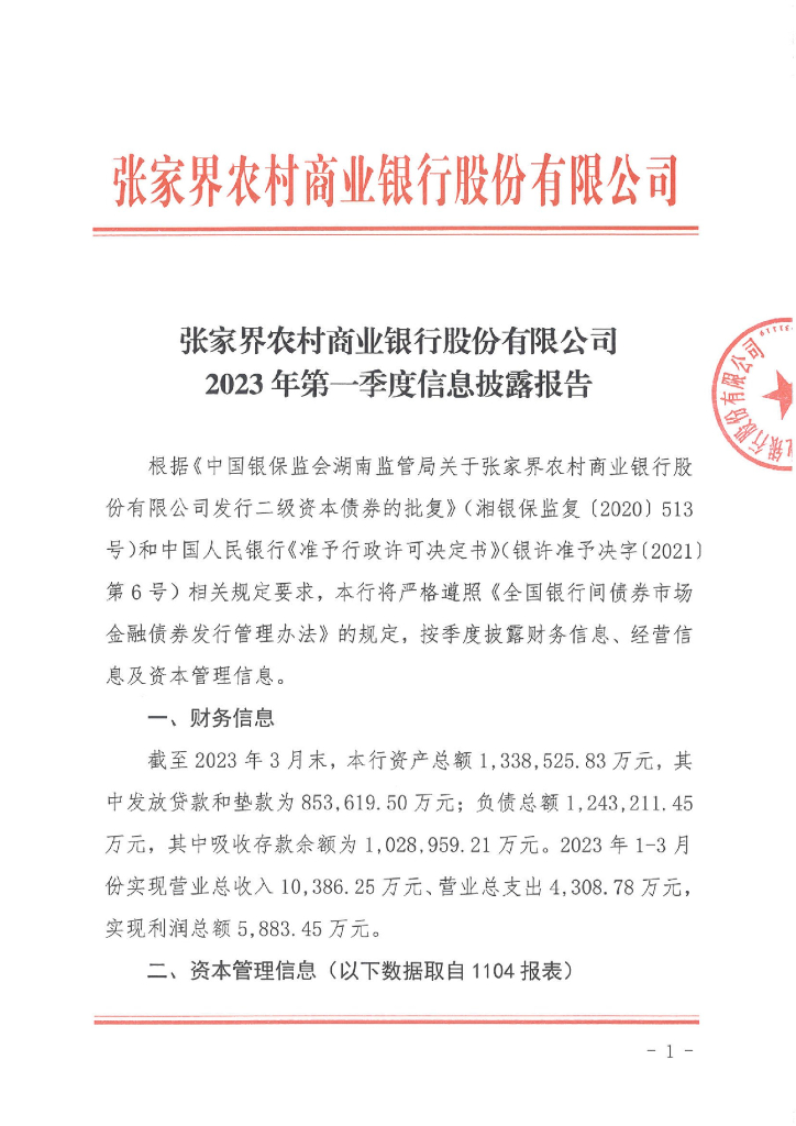 张家界农村商业银行股份有限公司2023年第一季度信息披露报告