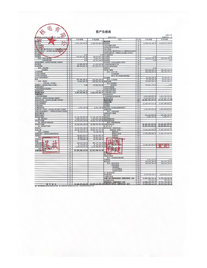 山东核电有限公司2023年一季度财务报表