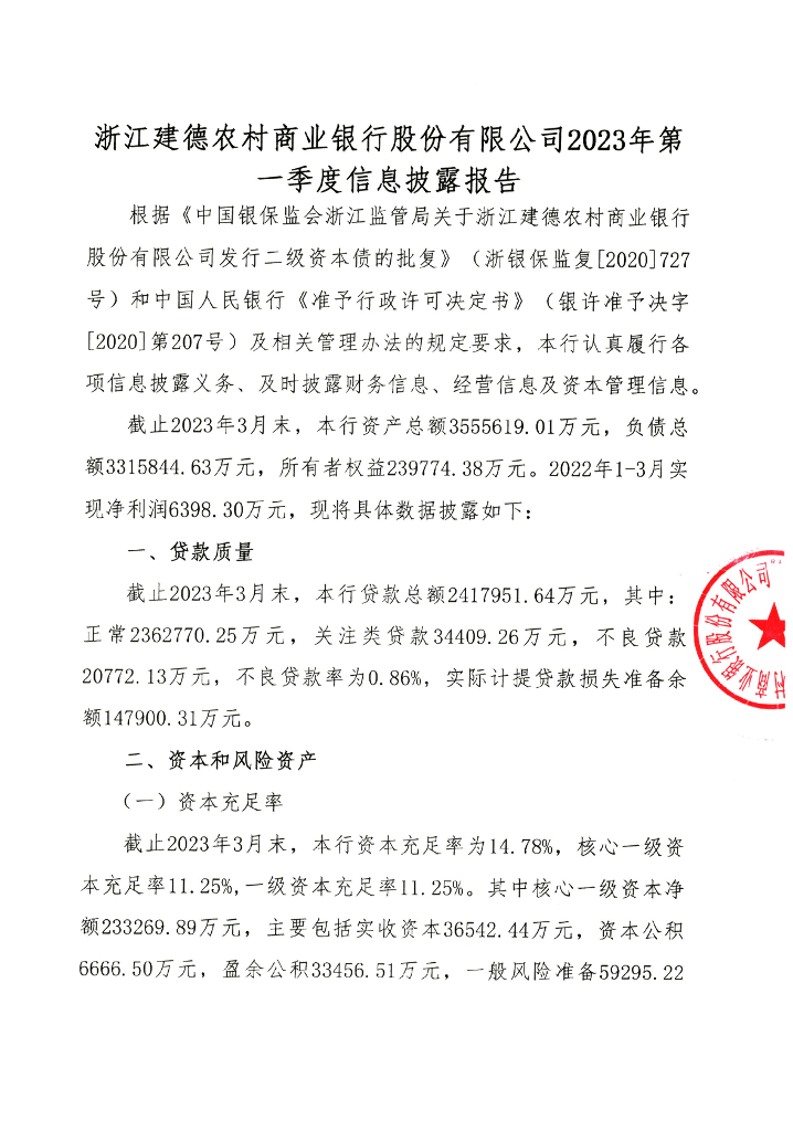 浙江建德农村商业银行股份有限公司2023年第一季度信息披露报告