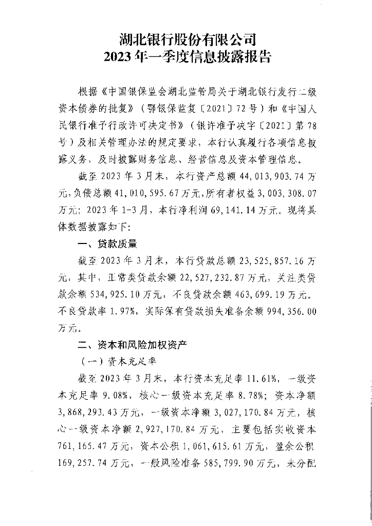 湖北银行股份有限公司2023年一季度信息披露报告