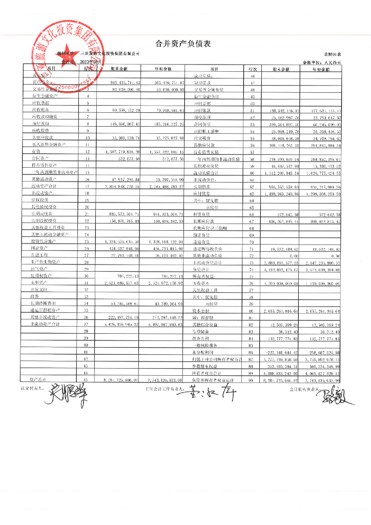 三亚旅游文化投资集团有限公司2023年一季度财务报表