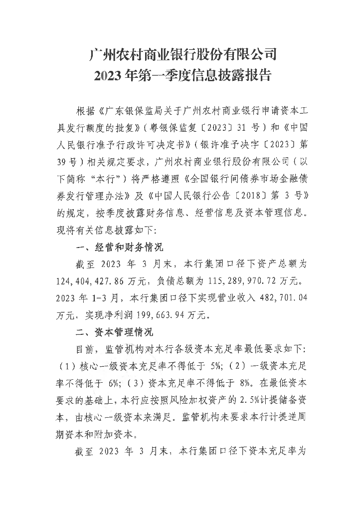 广州农村商业银行股份有限公司2023年第一季度信息披露报告