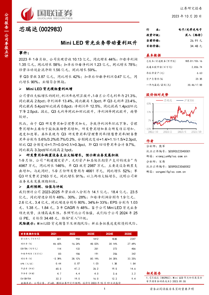 国联证券：芯瑞达（002983）-Mini <em>LED</em>背光业务带动量利双升 海报