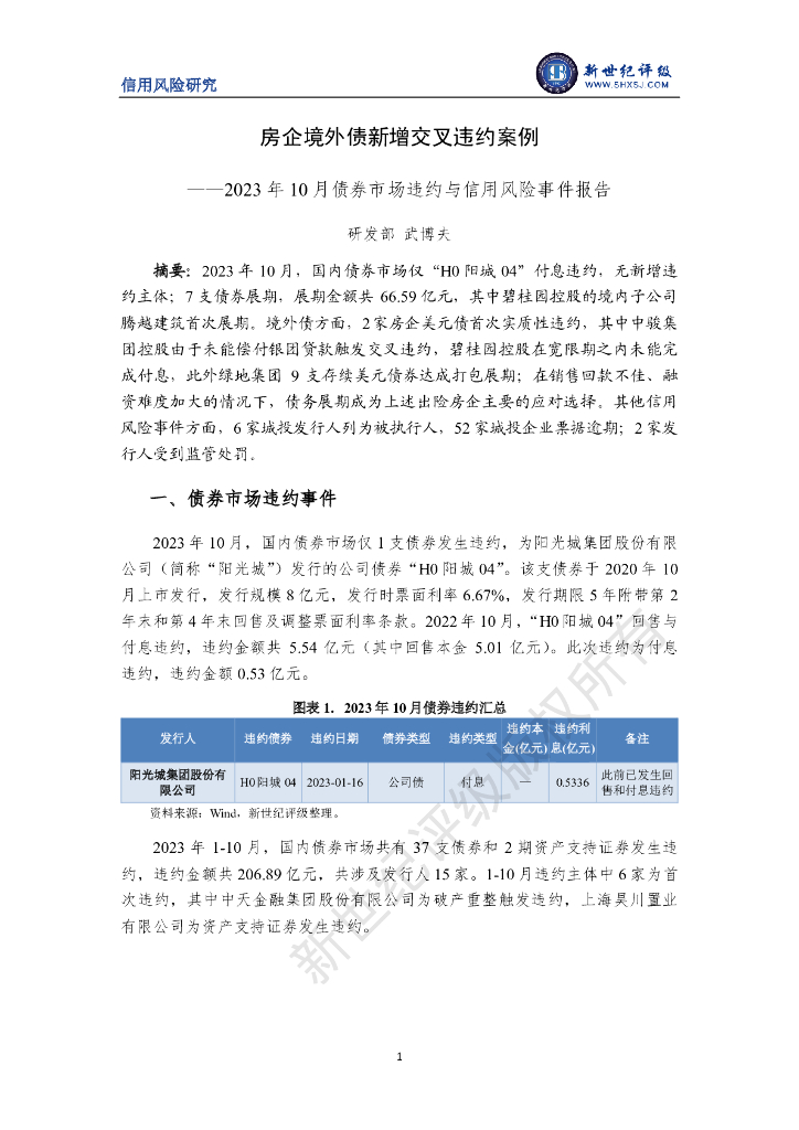 新世纪评级：房企境外债新增交叉违约案例——2023年10月债券市场违约与信用风险事件报告