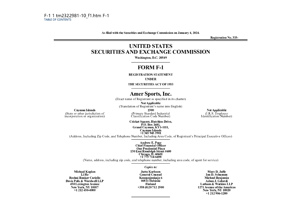 Amer Sports亚玛芬AS美股IPO上市招股说明书（英文版）