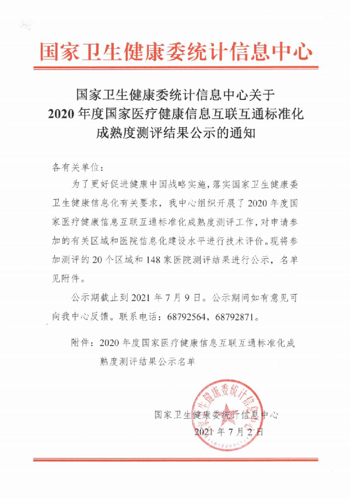 国家卫生健康委统计信息中心：2020年度国家医疗健康信息互联互通标准化成熟度测评结果公示
