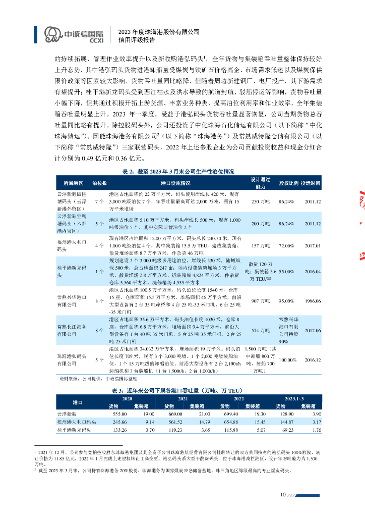中诚信：2023年度珠海港股份有限公司信用评级报告_第10页