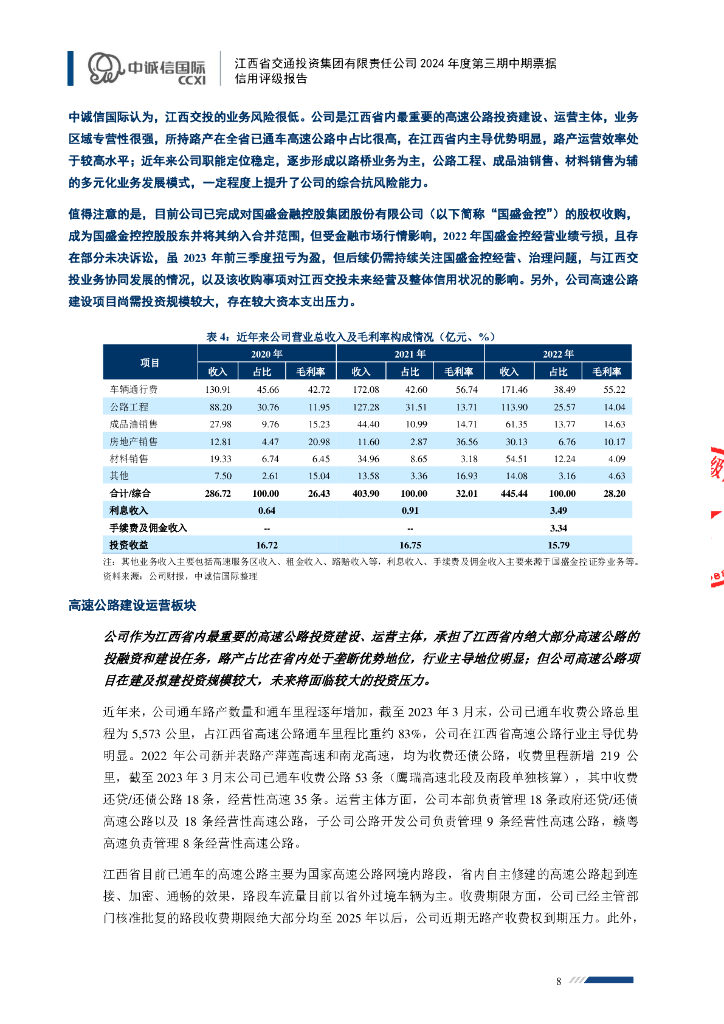 中诚信：江西省交通投资集团有限责任公司2024年度第三期中期票据信用评级报告_第8页