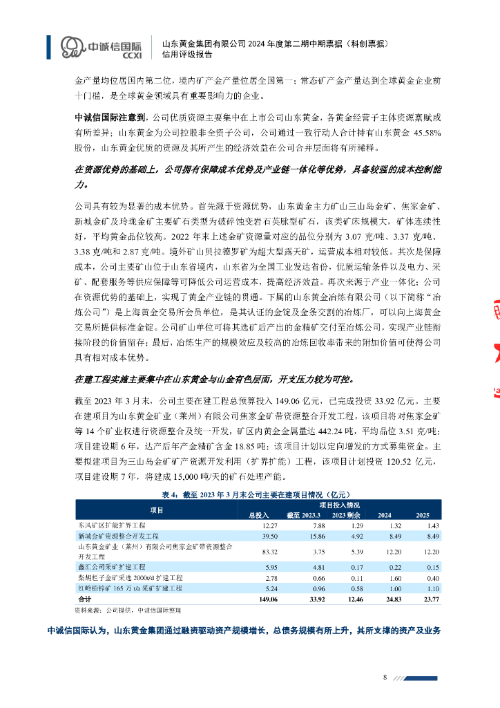 中诚信：山东黄金集团有限公司2024年度第二期中期票据(科创票据)信用评级报告_第8页