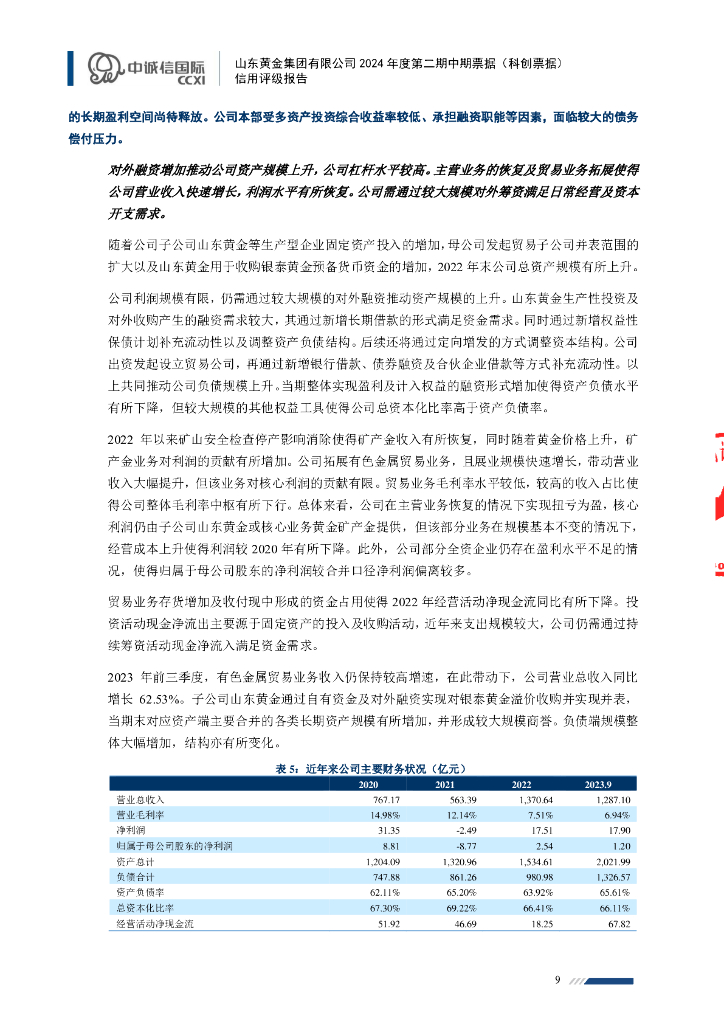 中诚信：山东黄金集团有限公司2024年度第二期中期票据(科创票据)信用评级报告_第9页
