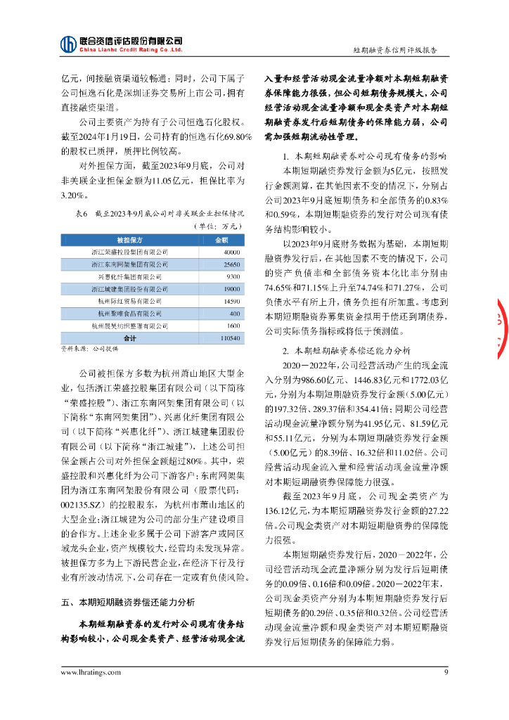 联合资信：浙江恒逸集团有限公司2024年度第一期短期融资券信用评级报告_第10页