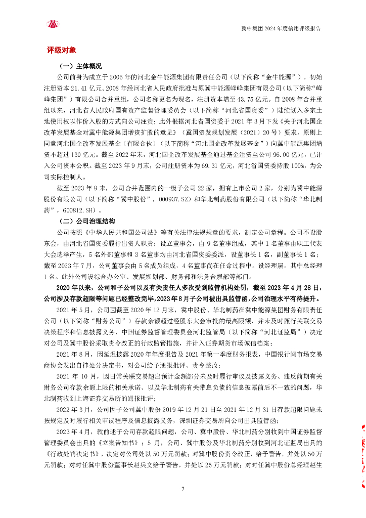 大公：冀中能源集团有限责任公司2024年度信用评级报告_第7页