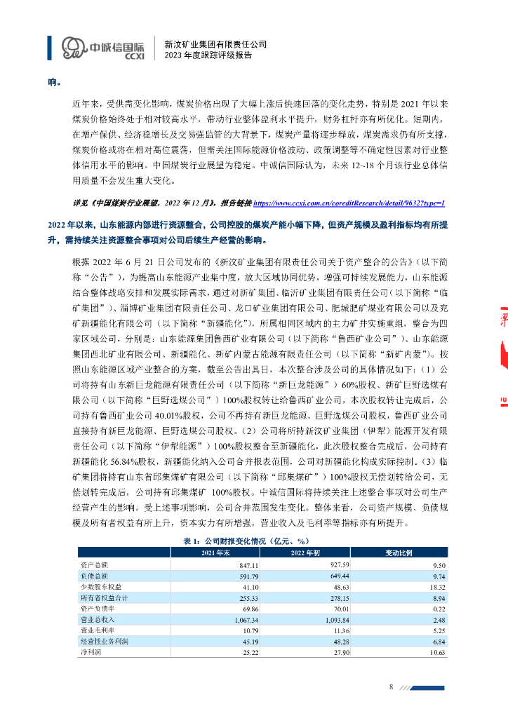中诚信：新汶矿业集团有限责任公司2023年主体信用评级报告_第8页