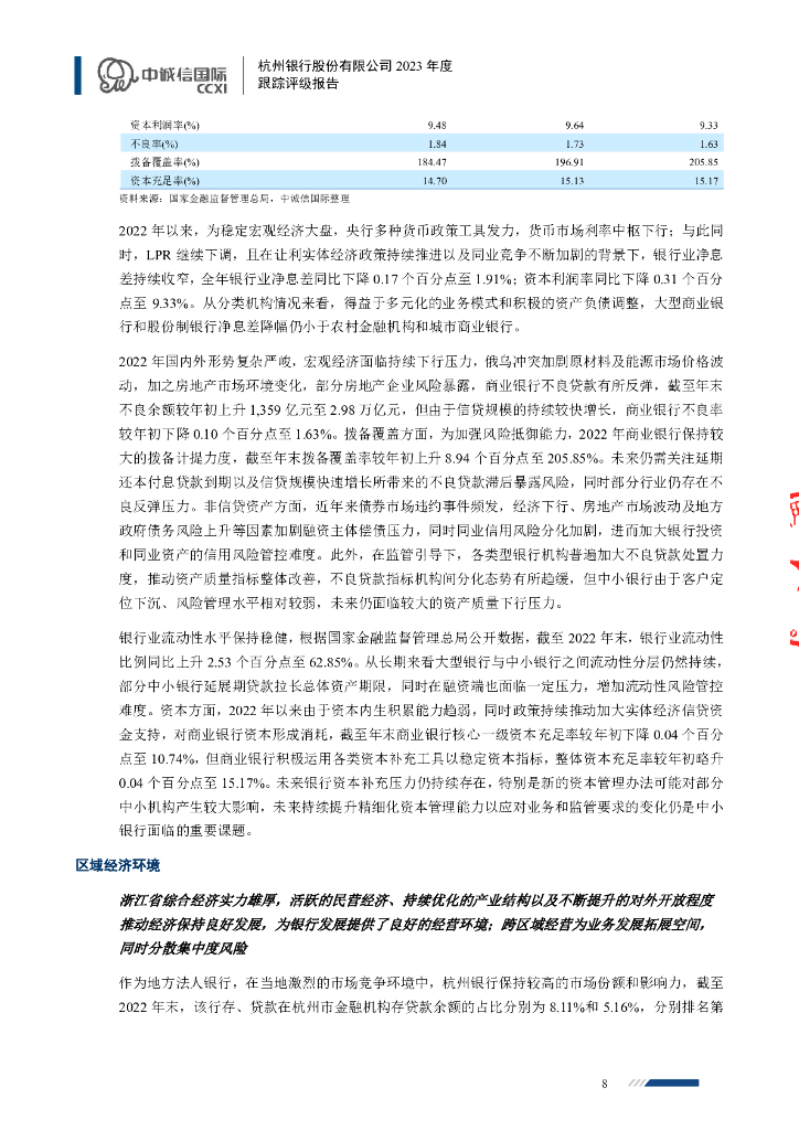 中诚信：杭州银行股份有限公司2023年度跟踪评级报告_第8页