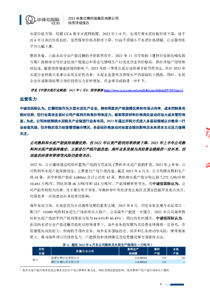 中诚信：2023年度红狮控股集团有限公司信用评级报告_第8页