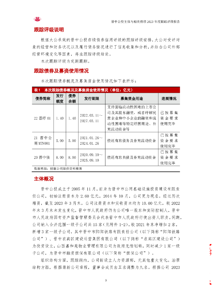 大公：晋中市公用基础设施投资控股(集团)有限公司主体与相关债项2023年度跟踪评级报告_第9页